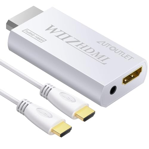 AUTOUTLET Adaptador Wii a HDMI, Convertidor Wii Hdmi 1080P / 720P Full HD, con Salida de Audio y Video de 3,5mm y Cable HDMI de 1m, para Nintendo Wii, Monitor de TV, Proyector, Televisión, Blanco