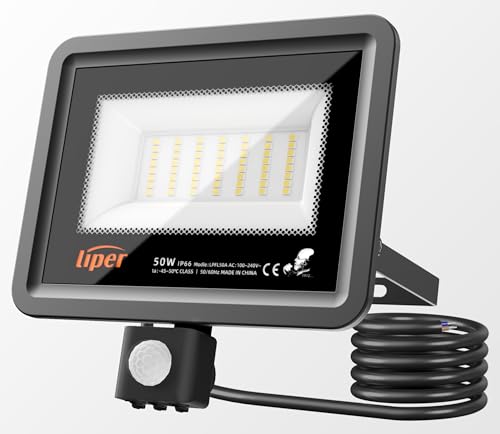 Liper 50W Foco LED Exterior con Sensor de Movimiento, IP66 Proyector LED Exterior Impermeable Iluminación 5000LM 6500K para Garajes Jardines Patios