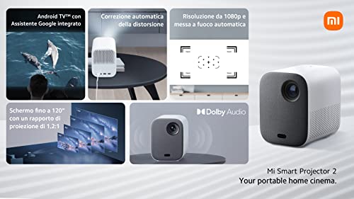 Xiaomi Mi Smart Projector 2, proyector portátil Inteligente con Bluetooth, Wi-Fi 5, FHD 1080p, proyección de hasta 120 Pulgadas, Sistema Android TV 9.0, luminosidad 500 ANSI, versión Italiana