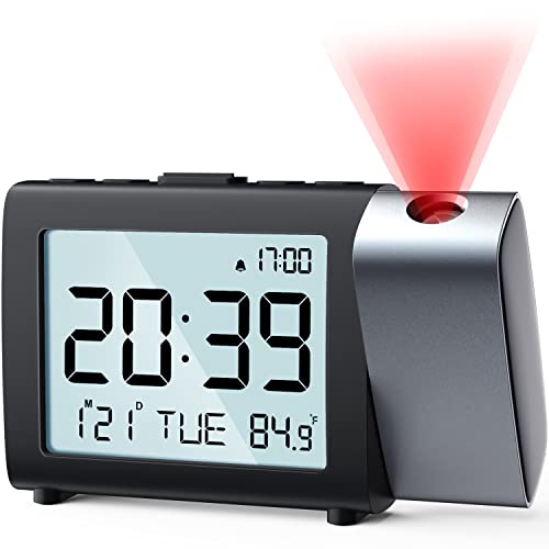 MeesMeek Reloj Despertador de proyección Digital: Pantalla LCD Clara con Temperatura Fecha 12/24H y Modo Fin de Semana, Brillo y Volumen Ajustables, Reloj a Pilas para niños Ancianos Dormitorio