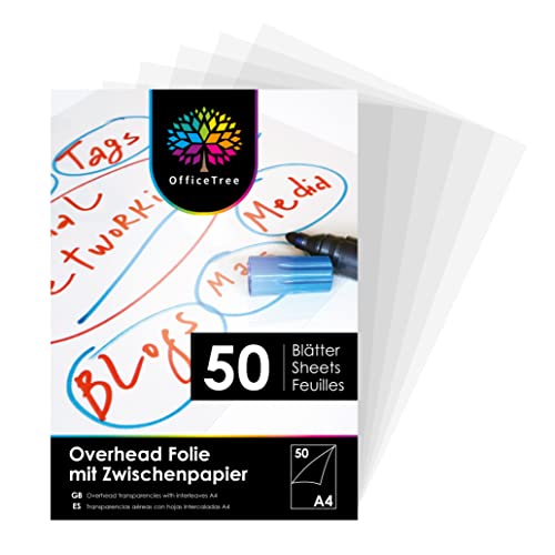 OfficeTree 50 x Lamina Acetato Transparente A4 - Transparencias para Retroproyector - Acetatos A4 para Impresora Láser Copiadora o Retroproyector