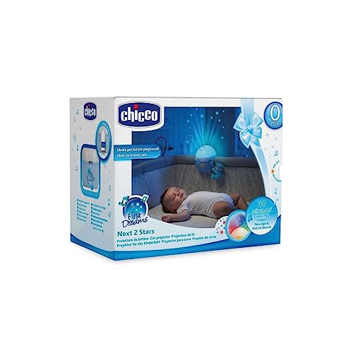 Chicco Next2Stars Luz de Noche Bebé con Peluche - Proyector con Luz de Estrellas para Cunas y Colechos, con Sensor de Sonido, 3 Efectos de Luz y Música 0+ Meses, Azul