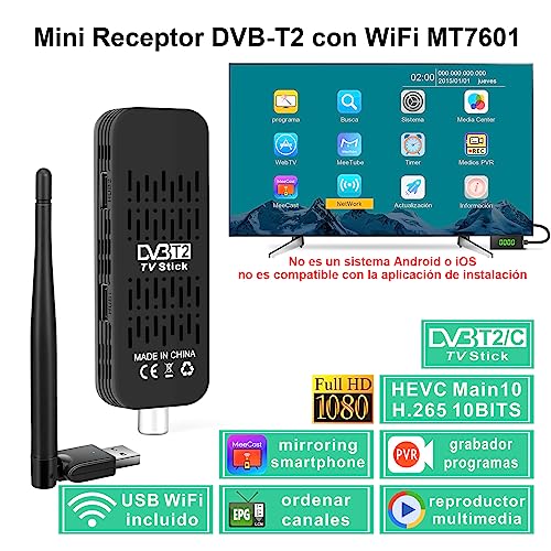 SHUNWEIQTEK Q265 Mini Sintonizador TDT HDMI con WiFi MT7601, HEVC DVB-T/T2 Decodificador TDT Television con USB PVR Grabador y Reproductor de Multimedia, HD Receptor TDT para TV, Monitor y Proyector