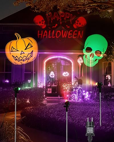 iShabao Lámpara de Proyección LED de Halloween con Mimbre Naranja y Esqueletos Verde, Rojo Happy Halloween Patrones, luz de Halloween para Decoración de Halloween para Decoración Interior y Exterior