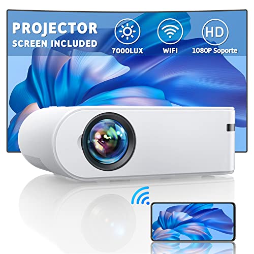 Proyector WiFi, YABER Mini Proyector 7000 Lúmenes 1080P Full HD [Pantalla de Proyector Incluida], Cine en Casa 200