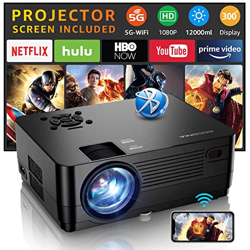 5G WiFi Bluetooth Native 1080P Projector[Projector Screen Included], Roconia 12000LM Full HD Movie Projector, 300