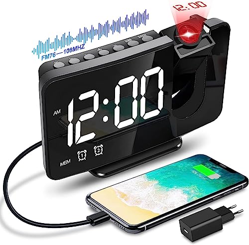 Anykuu Despertador Proyector 180 °Giratorio Función de Radio FM Reloj Despertador Digital Puerto USB 6.7
