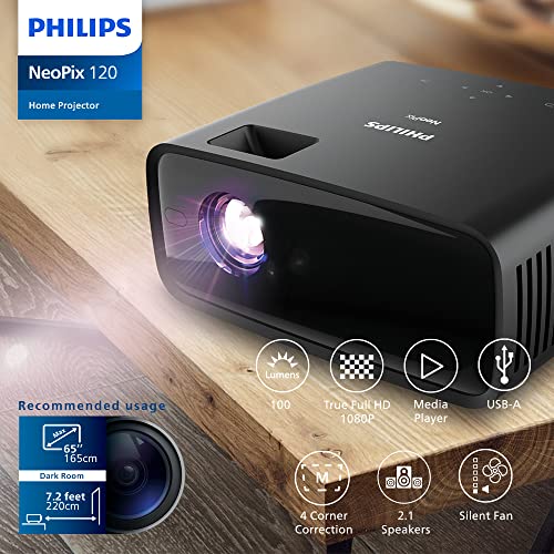 Philips NeoPix 120 - Mini proyector True HD 720p con diseño Ultra silencioso y Ultra Compacto con Sonido 2.1