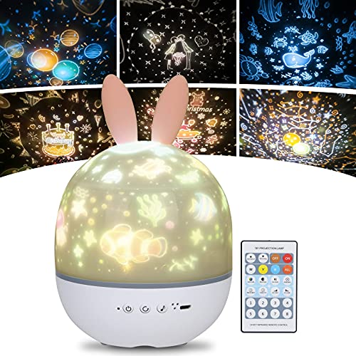 URAQT Lámpara Proyector Estrellas, Proyector Bebe, 360° Rotación Músic Lampara con Control Remoto, Romántica Luz de La Noche para Cumpleaños, Navidad, Halloween (C-Conejo)