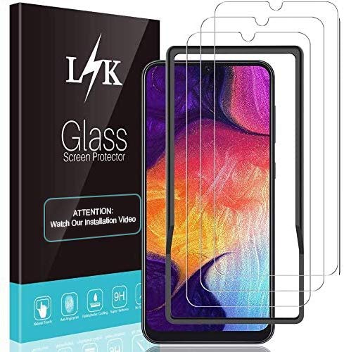 L K 3 Pack Protector de Pantalla Compatible con Samsung Galaxy A50 - Cristal Vidrio Templado - Dureza 9H Funda Compatible Sin Burbujas Marco de Posicionamiento Kit Fácil de Instalar