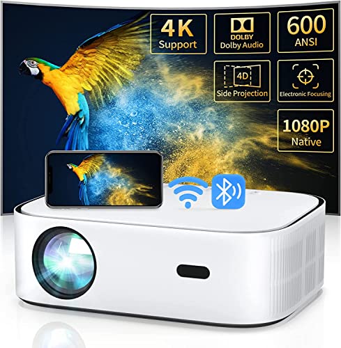 Proyector WiFi Bluetooth, retroproyector, videoproyector 600 ANSI Lumen, 1080P Full HD Nativo, proyector 4K con corrección Trapezoidal 4D/4P