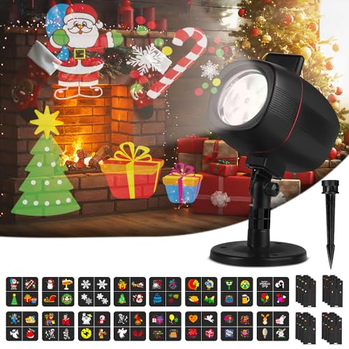 OUSFOT Luces de Proyector, Luces Navidad Impermeable Exterior con 16 Diapositivas de Patrón para Fiesta, Navidad, Festivos