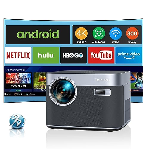 【Auto Focus/Keystone】 Proyector Android TV WiFi Bluetooth 1080P Full HD Nativo, 20000 Lúmenes TOPTRO Proyector 4K Soporte, Proyector Cine En Casa para Teléfono/TV Stick/PS5 USB HDMI AV
